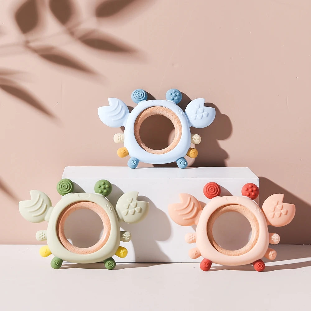 Silicone Baby Teether Baby Toys 0 to 6 Months BPA Free chewing Teething Toys Crab Wooden Ring Teether Reborn silicone Baby toys