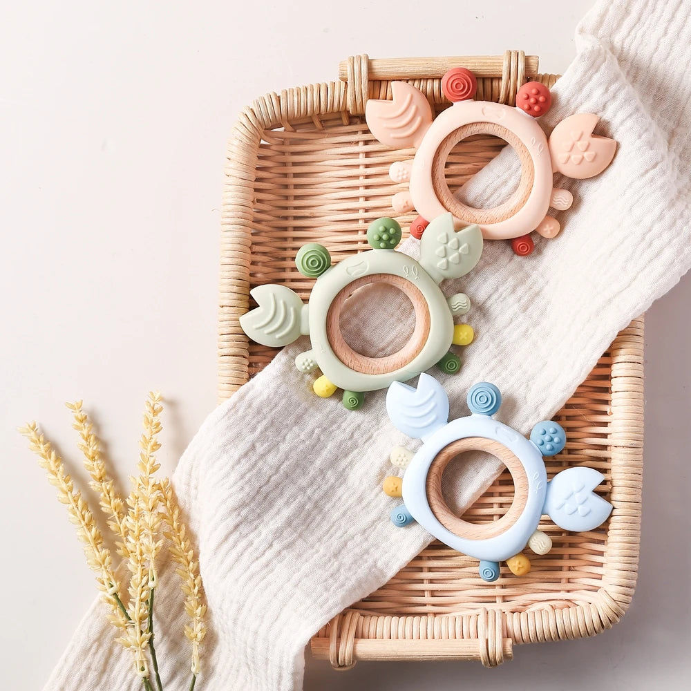 Silicone Baby Teether Baby Toys 0 to 6 Months BPA Free chewing Teething Toys Crab Wooden Ring Teether Reborn silicone Baby toys