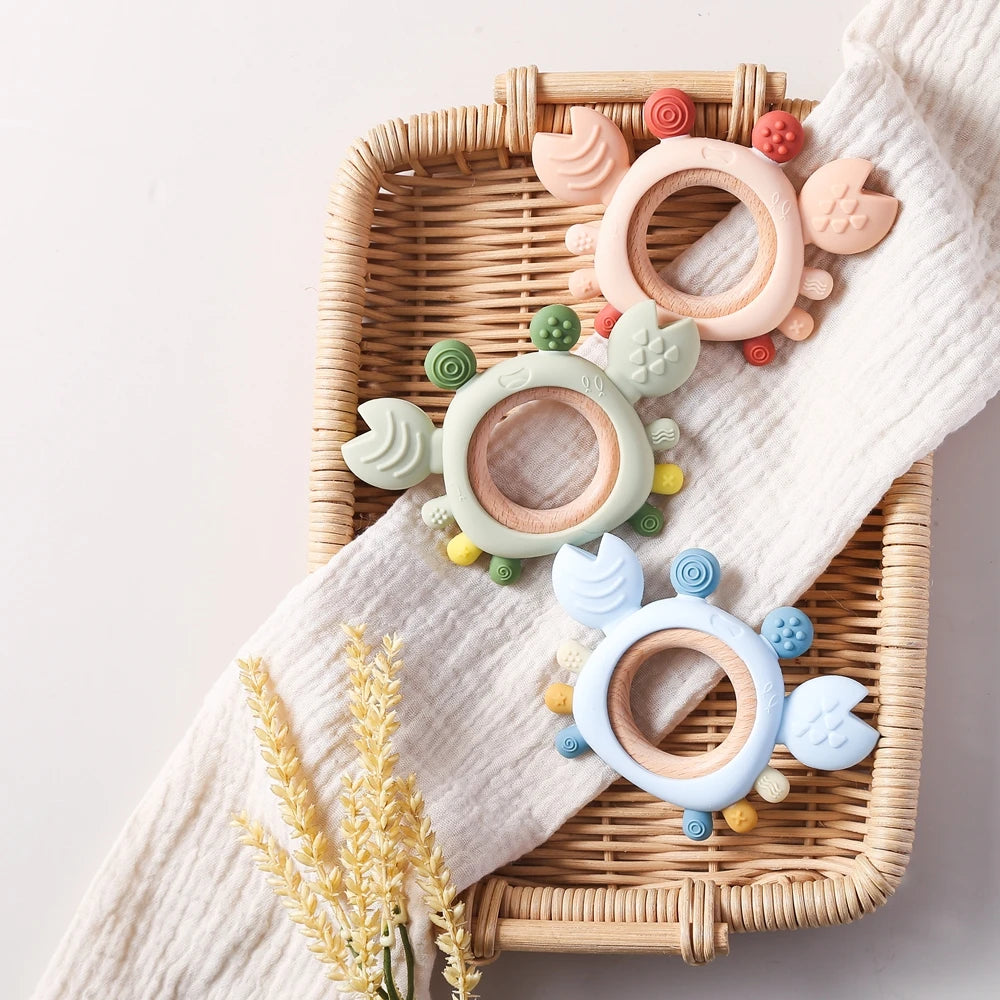 Silicone Baby Teether Baby Toys 0 to 6 Months BPA Free chewing Teething Toys Crab Wooden Ring Teether Reborn silicone Baby toys