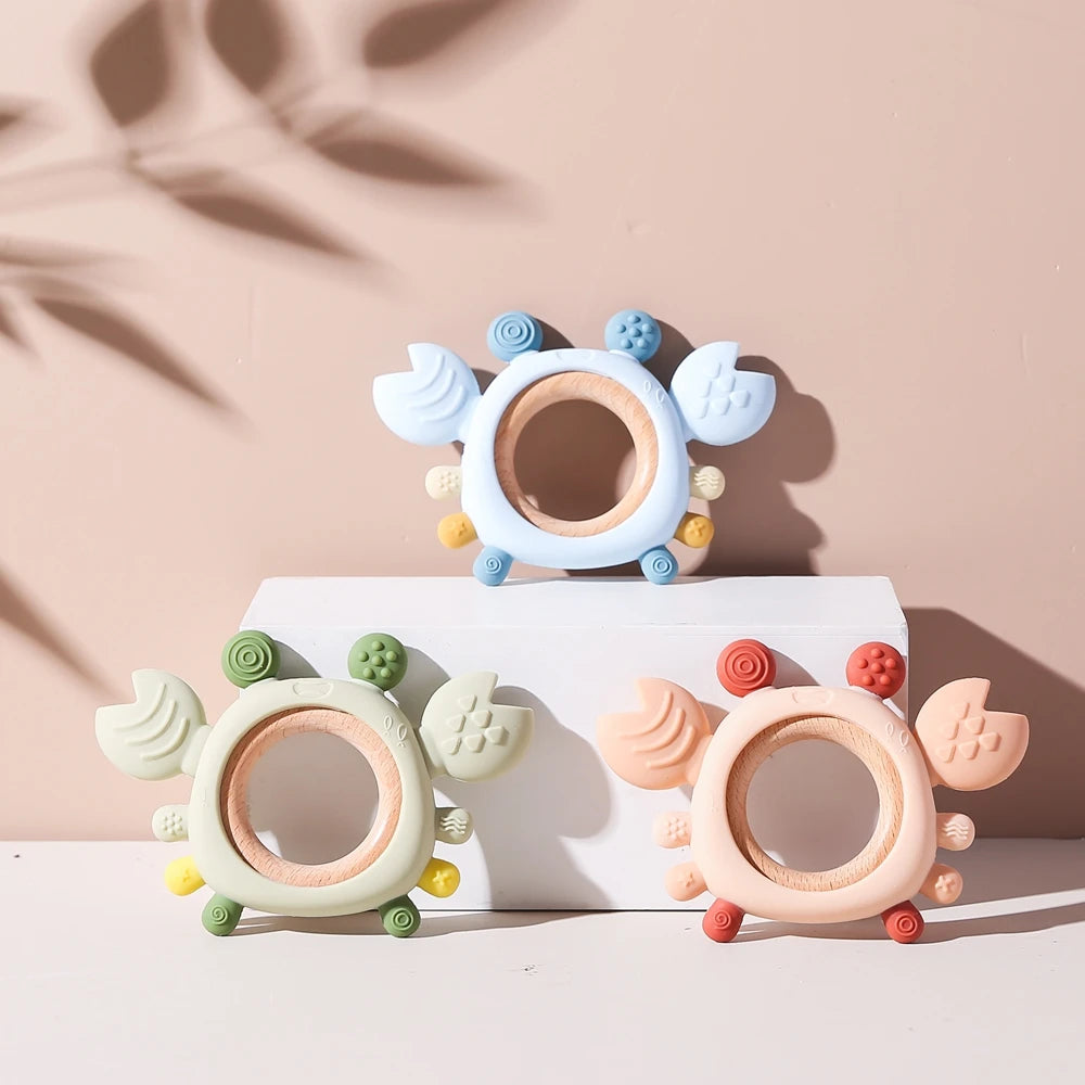 Silicone Baby Teether Baby Toys 0 to 6 Months BPA Free chewing Teething Toys Crab Wooden Ring Teether Reborn silicone Baby toys
