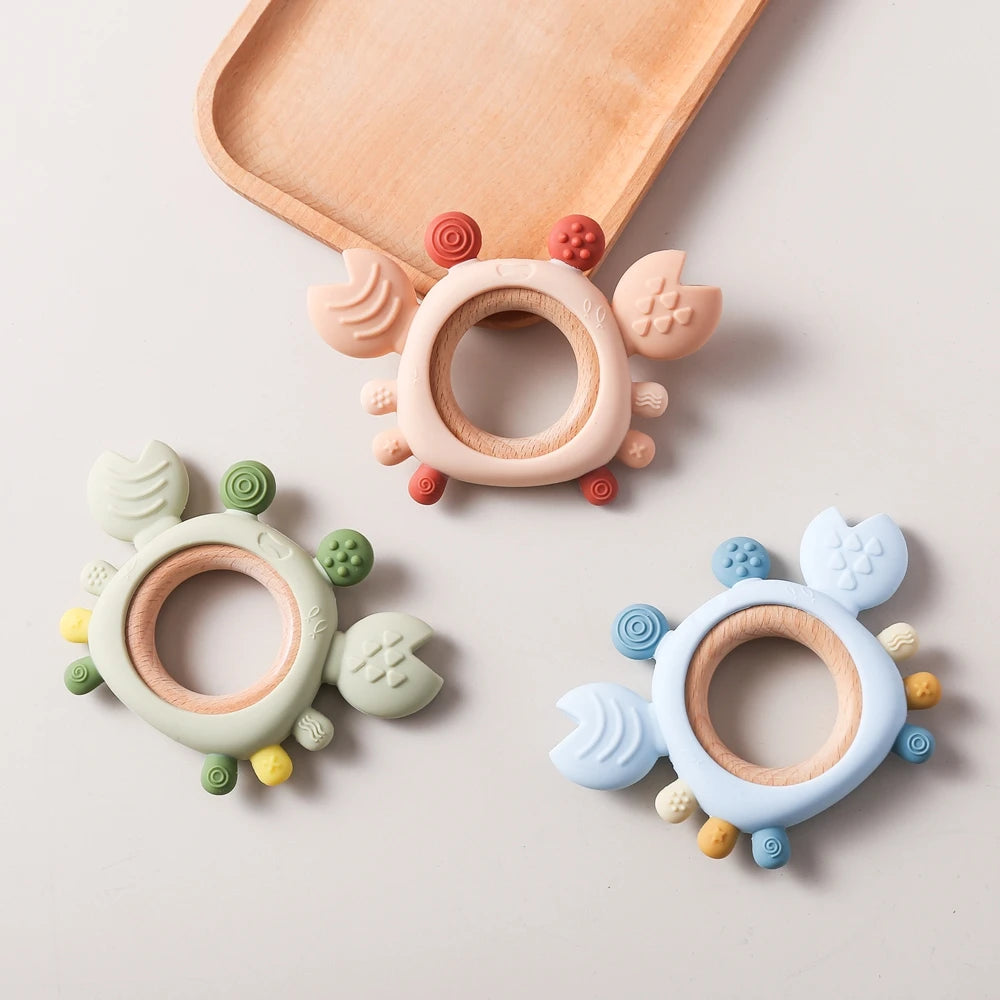 Silicone Baby Teether Baby Toys 0 to 6 Months BPA Free chewing Teething Toys Crab Wooden Ring Teether Reborn silicone Baby toys